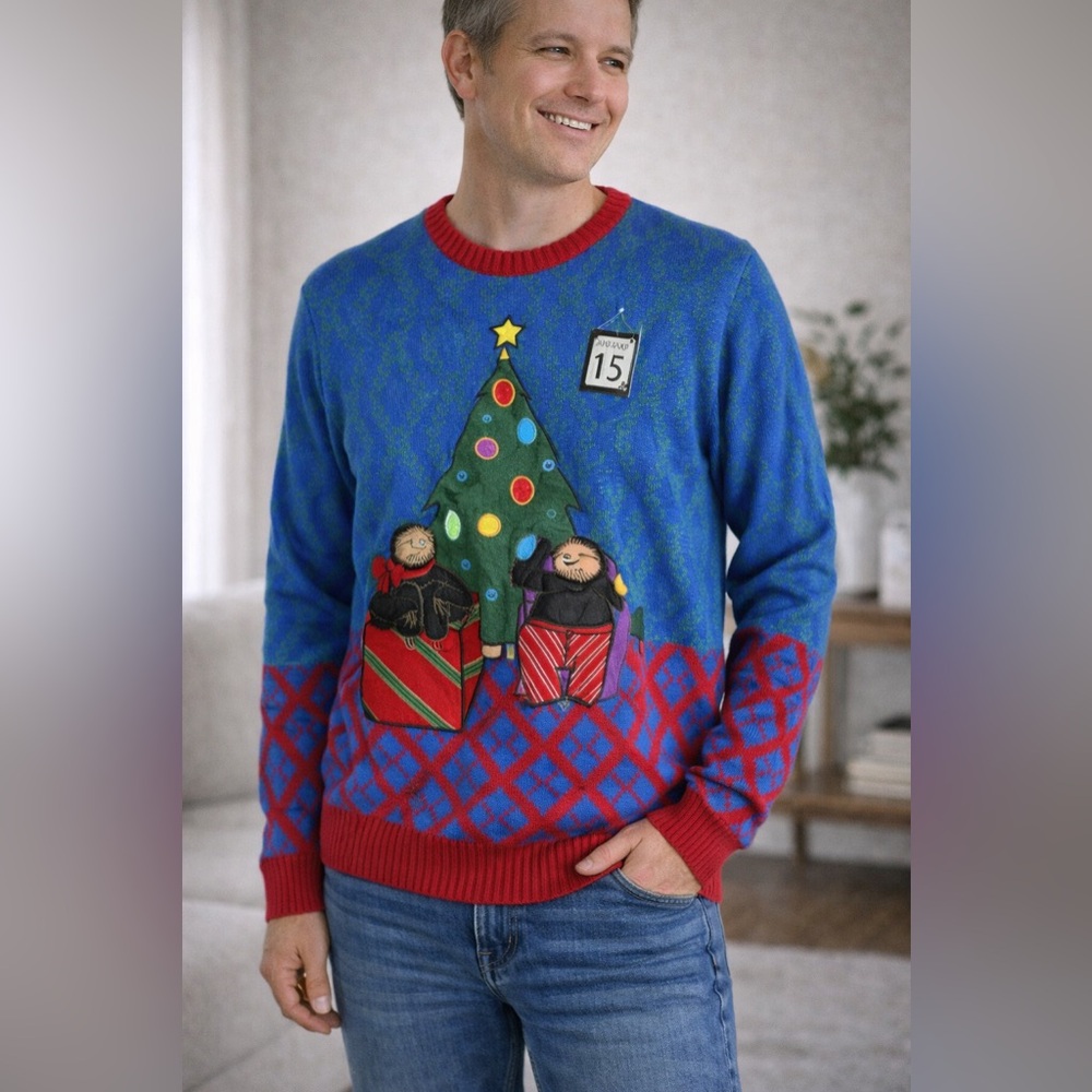Blizzard Bay Sloth Christmas‎ Tree Ugly Sweater Red Blue Knit L Holiday Cute